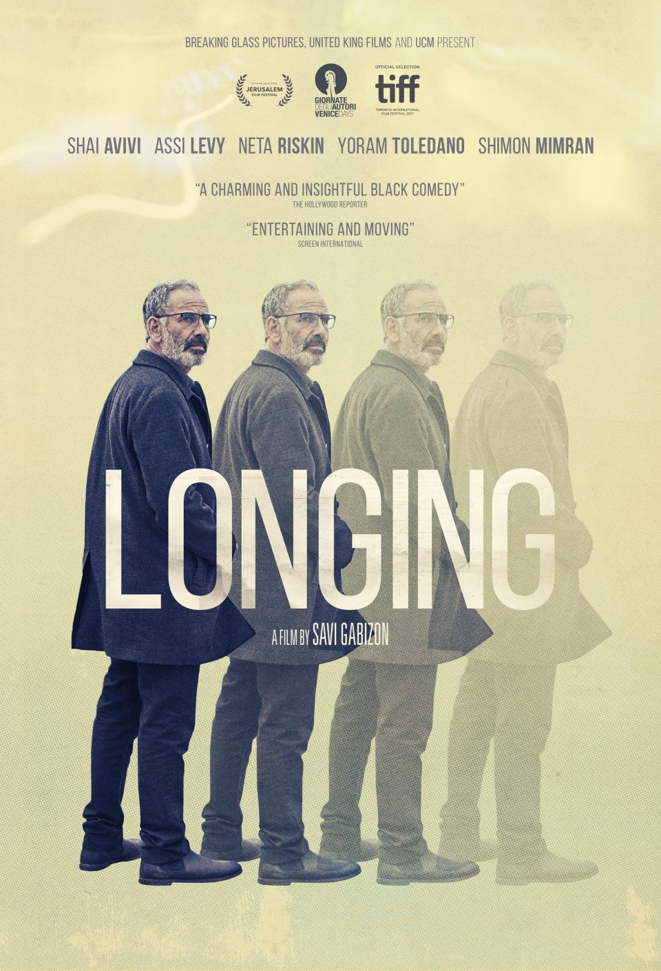Movie cover for "Longing"; four images of varying opacity of the same man.