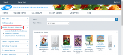 Screenshot of MAIN library catalog. The link to "eAudio, eBooks, and eMagazines" at the left sidebar of the page is circled in red.