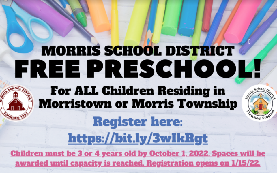 Morris School District Free Preschool! For all children residing in Morristown or Morris Township. Register here: https://bit.ly/3wIkRgt