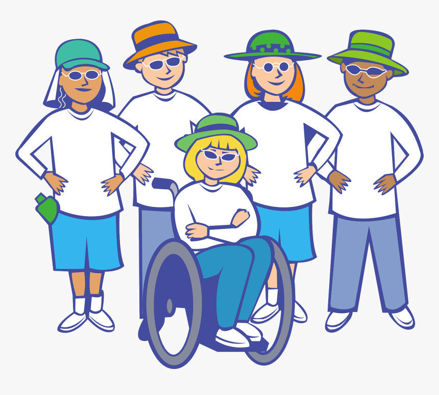 cartoon of 4 people standing and 1 in a wheelchair