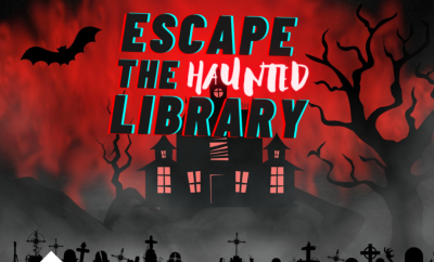 A cartoon house against a red background, with tombstones in the foreground. The text reads "Escape the haunted library."