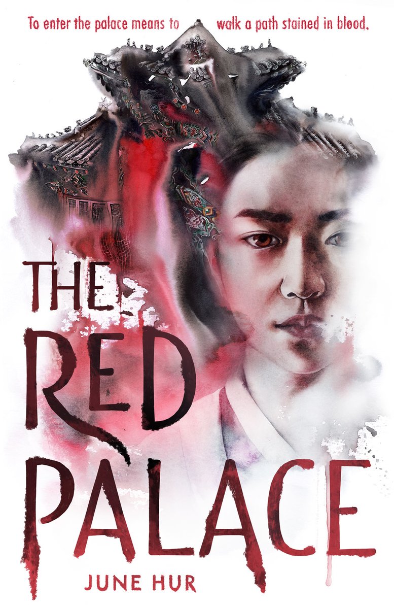 Book cover of The Red Palace by June Hur, which depicts a young Korean woman facing the viewer against a blurred black and red traditional Korean building