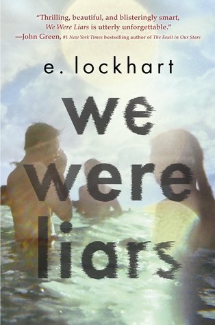 Book cover of We Were Liars by E. Lockhart, which shows three figures half immersed in water with bright sunlight obscuring their features