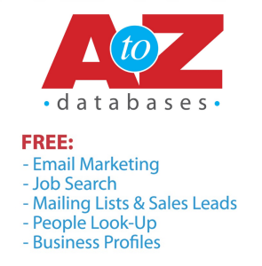 The A to Z Databases logo. Below it is text detailing that A to Z databases provides "Free Email Marketing, Job Search, Mailing Lists & Sales Leads, People Look-up, and Business Profiles".