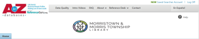 A screenshot of the A to Z Databases homepage featuring the Morristown & Morris Township Library logo.